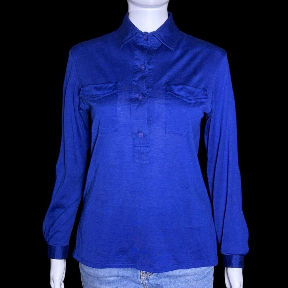 Vintage Christian Dior Navy Blue Long Sleeve Placket Top Shirt Women Size Medium